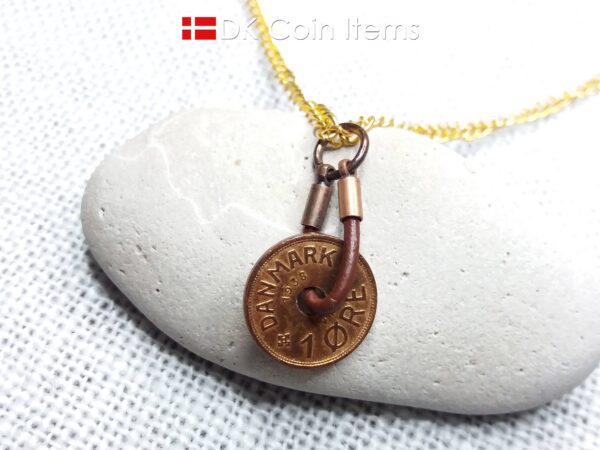 Denmark antique 1938 coin necklace. 86 year old Crown C initial copper 1 ore coin pendant. Danish vintage souvenir. 86th birthday gift