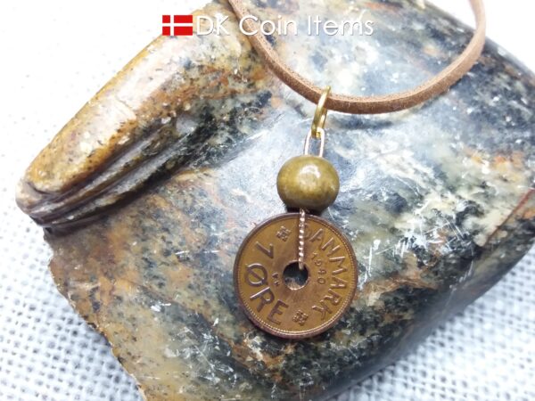 Denmark antique 1940 coin necklace. 84 year old Crown C initial copper 1 ore coin pendant. Danish vintage souvenir. 84th birthday gift