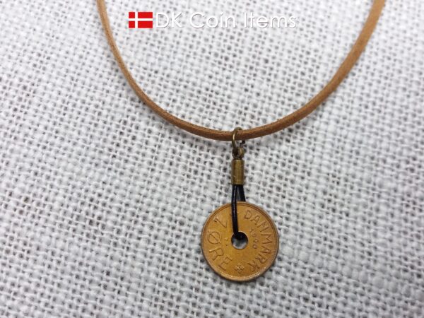 Denmark 1940 coin necklace. 84 year old Crown C initial copper 1 ore coin pendant. Antique Danish vintage souvenir. 84th birthday gift