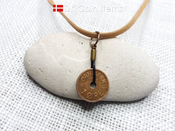 Denmark antique 1932 coin necklace. 92 year old Crown C initial copper 1 ore coin pendant. Danish vintage souvenir. 92nd birthday gift