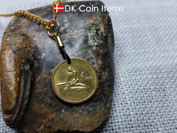 Denmark vintage token coin necklace with The Little Mermaid sculpture in Copenhagen. Danish fairy tale souvenir