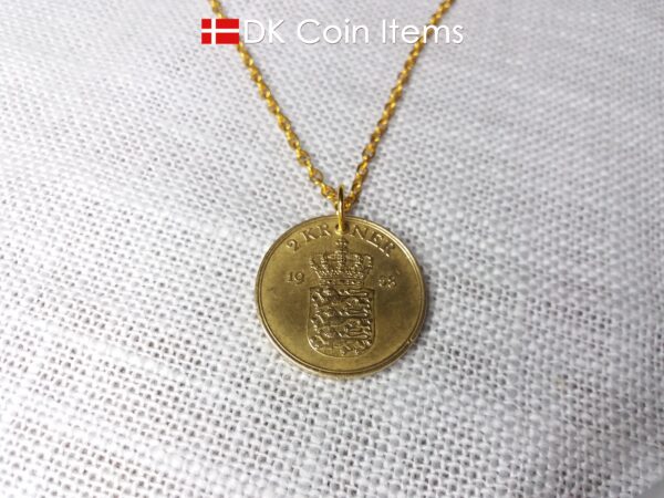 Denmark 1958 coin necklace. 66 year old Golden Crown Coat of Arms 2 kroner coin pendant