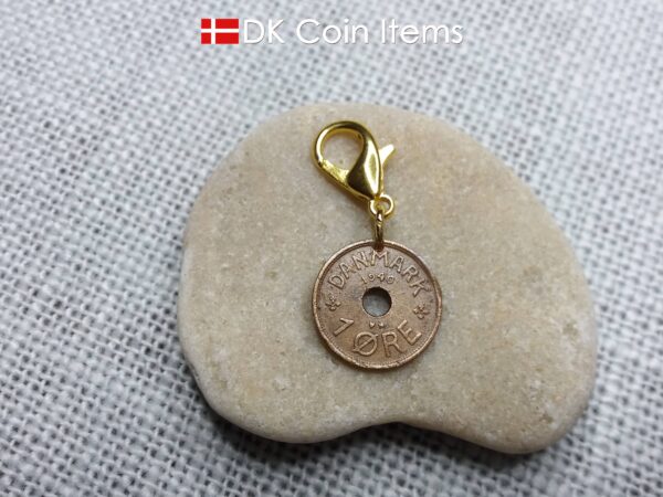 Denmark 1940 coin charm. 84 year old coin pendant. Copper 1 ore with Crown C initial