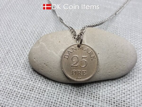 Denmark 1954 coin necklace. 70 year old coin pendant. Danish 25 ore with Crown R initial