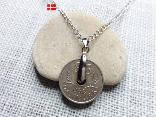 Denmark 1969 coin necklace. 55 year old coin pendant. Danish 25 ore with Crown R initial