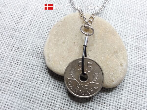 Denmark 1969 coin necklace. 55 year old coin pendant. Initial R 25 ore. Danish Crown souvenir