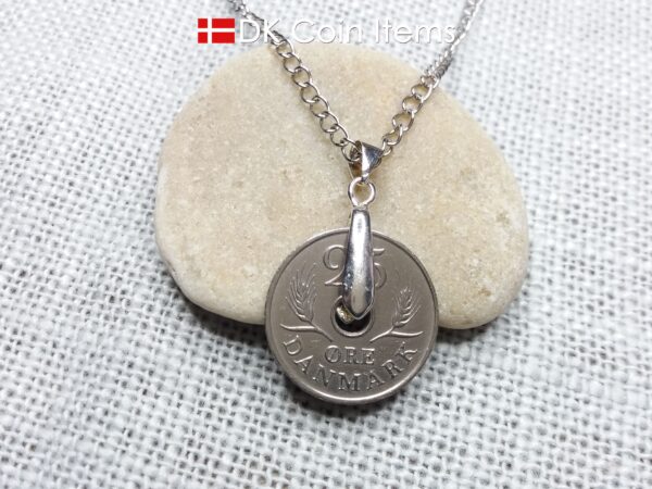 Denmark 1967 coin necklace. 57 year old coin pendant. Danish 25 ore with Crown R initial