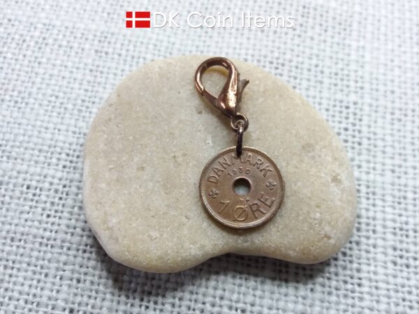 Denmark 1930 coin charm. 94 year old coin pendant. Copper 1 ore with Crown C initial