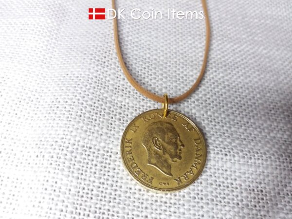 Denmark 1958 coin pendant necklace. 66 year old Golden Crown Coat of Arms 2 kroner coin