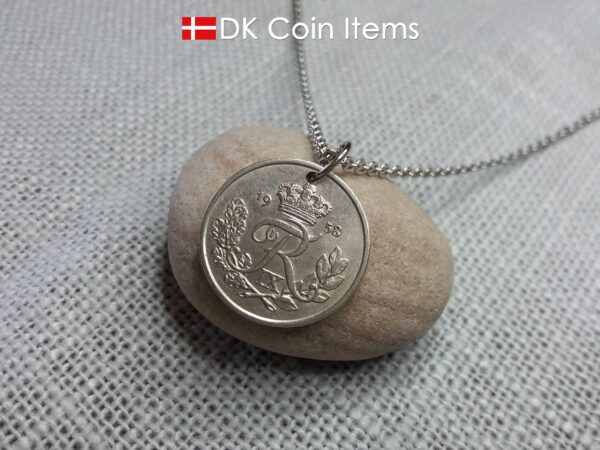 Denmark 1958 coin pendant necklace. 66 year old 25 ore coin with Crown R initial