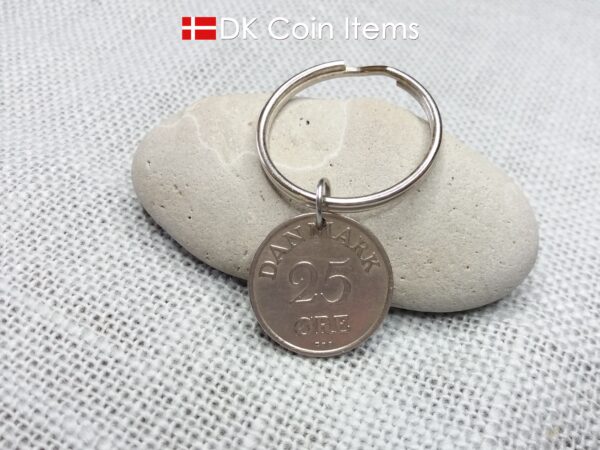 Denmark 1958 coin pendant keychain. 66 year old 25 ore coin with Crown R initial