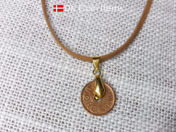 Denmark 1938 coin necklace. 86 year old coin pendant. Copper 1 ore with Crown C initial