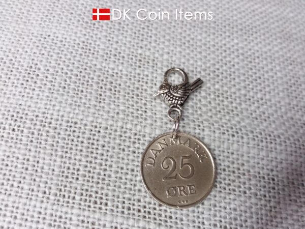 Denmark 1958 coin pendant charm. 66 year old 25 ore coin with Crown R initial