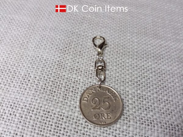 Denmark 1958 coin charm. 66 year old 25 ore with Crown R initial coin pendant