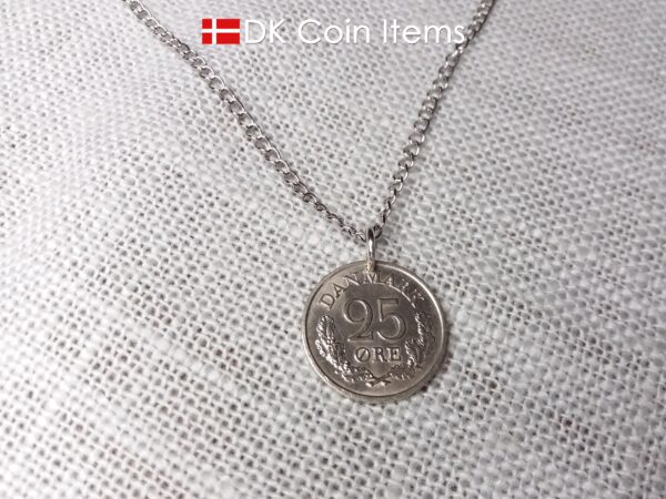 Denmark 1962 coin pendant necklace. 62 year old R initial 25 ore. 62nd birthday gift. Danish vintage gift