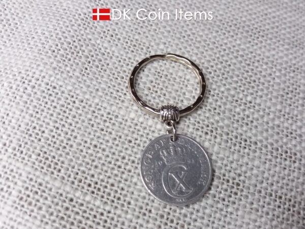 Denmark 1941 coin keychain. 83 year old C initial 2 ore coin pendant