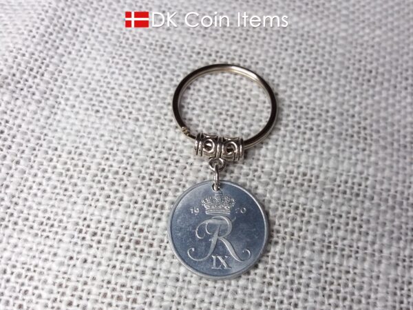 Denmark 1970 coin keychain. 54 year old R-initial 2 ore coin pendant. 54th birthday gift.