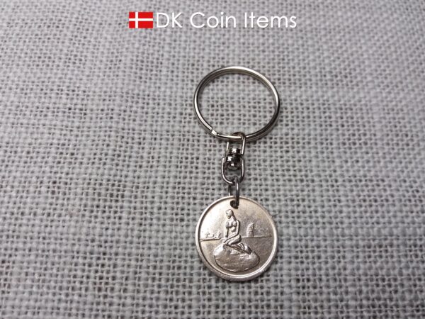 Denmark Little Mermaid coin keychain with Copenhagen fare token from the 1960s