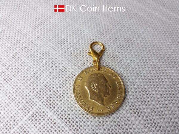 Denmark 1952 coin charm. 72 year old Golden Crown Coat of Arms 2 kroner coin pendant. Vintage souvenir gift.