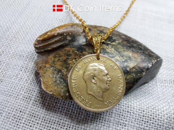 Denmark 1953 coin necklace. 71 year old Golden Crown Danish Coat of Arms 2 kroner as coin pendant