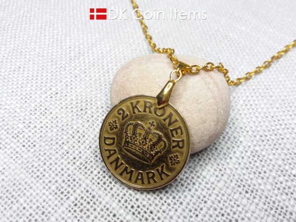 Denmark 1939 coin necklace. 85 year old golden Crown C initial 2 kroner coin pendant. Antique Danish souvenir gift