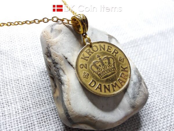 Denmark 1939 coin necklace. 85 year old golden coin pendant. Danish Crown C initial 2 kroner. Antique souvenir gift