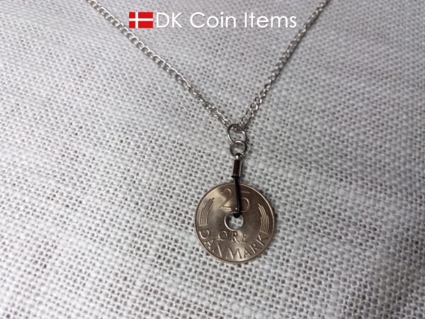 Denmark 1987 coin necklace. 37 year old Crown M Initial 25 ore coin pendant. Danish vintage souvenir gift