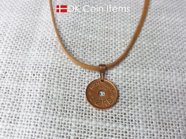 Denmark coin necklace with 86 year old coin pendant. Danish initial C copper 1 ore coin