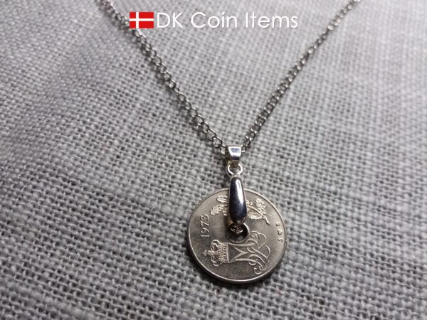 Denmark 1973 coin necklace. 51 year old Crown M Initial 25 ore coin pendant. Danish vintage souvenir gift