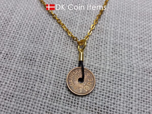 Antique Danish 1934 coin necklace with 87 year old Crown C initial copper 1 ore coin pendant from Denmark