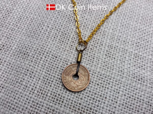 Antique Danish 1937 coin necklace with 87 year old Crown C initial copper 1 ore coin pendant from Denmark