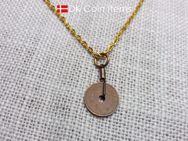 Antique Danish 1930 coin necklace with 94 year old Crown C initial copper 1 ore coin pendant from Denmark