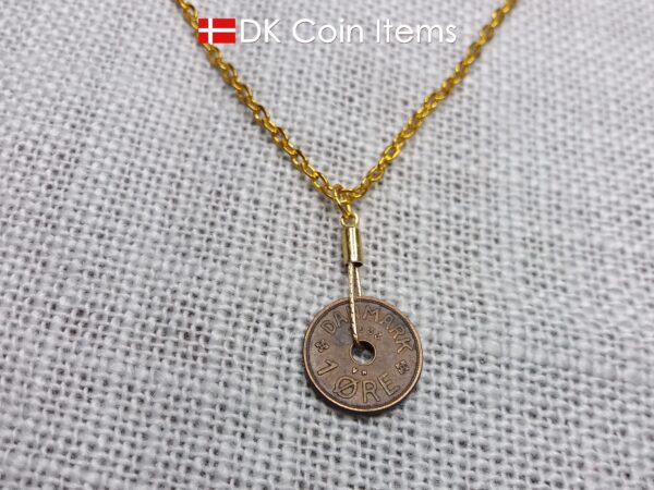 Danish 1933 coin necklace. 91 year old copper 1 ore from Denmark. Antique Crown C initial coin as pendant