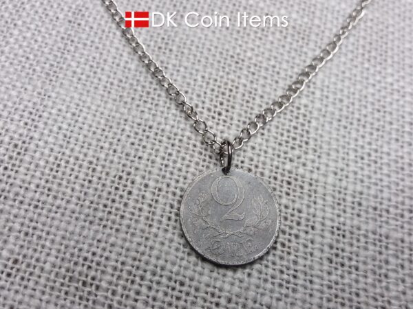 Denmark 1943 coin necklace. 81 year old Crown C initial 2 ore coin pendant. 81st birthday gift. Antique Danish vintage souvenir gift