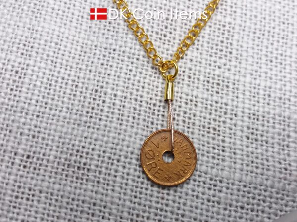 Denmark antique 1937 coin necklace. 87 year old Crown C initial copper 1 ore coin pendant. Danish vintage souvenir. 87th birthday gift