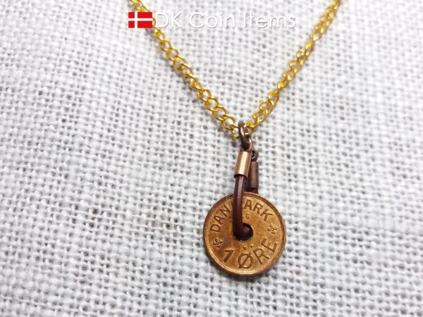 Denmark antique 1938 coin necklace. 86 year old Crown C initial copper 1 ore coin pendant. Danish vintage souvenir. 86th birthday gift