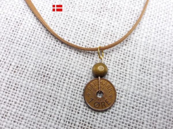 Denmark antique 1940 coin necklace. 84 year old Crown C initial copper 1 ore coin pendant. Danish vintage souvenir. 84th birthday gift