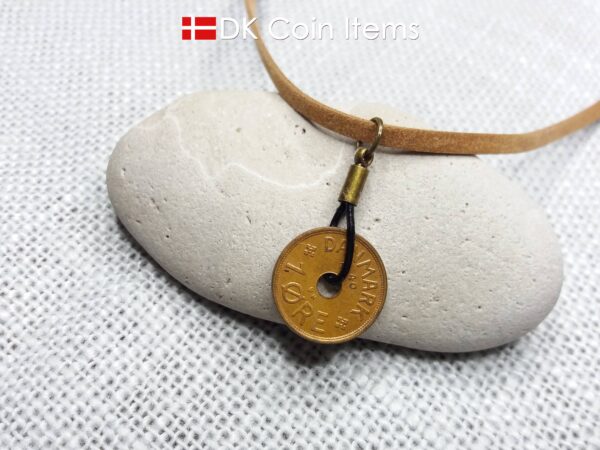 Denmark 1940 coin necklace. 84 year old Crown C initial copper 1 ore coin pendant. Antique Danish vintage souvenir. 84th birthday gift