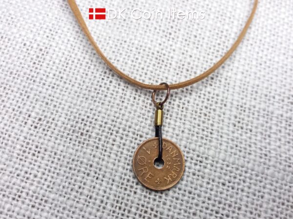 Denmark antique 1932 coin necklace. 92 year old Crown C initial copper 1 ore coin pendant. Danish vintage souvenir. 92nd birthday gift