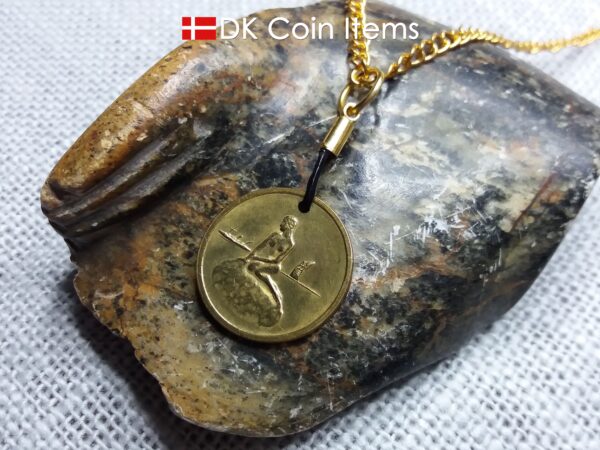 Denmark vintage token coin necklace with The Little Mermaid sculpture in Copenhagen. Danish fairy tale souvenir