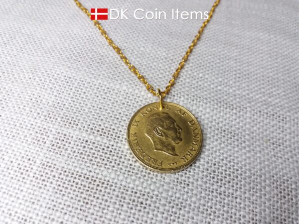 Denmark 1958 coin necklace. 66 year old Golden Crown Coat of Arms 2 kroner coin pendant