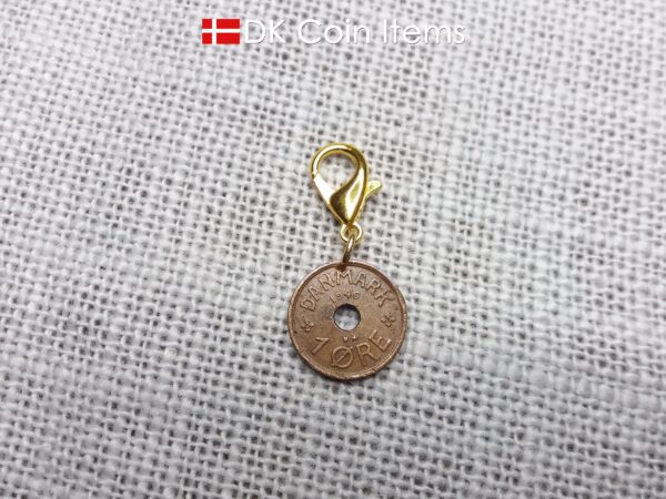 Denmark 1940 coin charm. 84 year old coin pendant. Copper 1 ore with Crown C initial