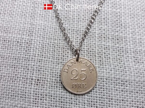 Denmark 1954 coin necklace. 70 year old coin pendant. Danish 25 ore with Crown R initial