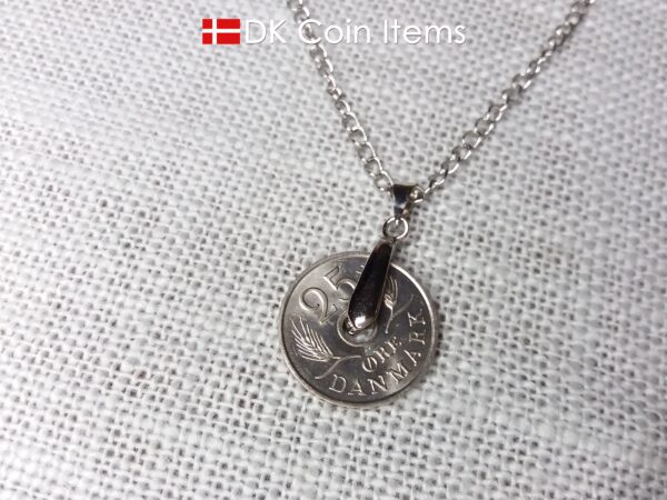 Denmark 1969 coin necklace. 55 year old coin pendant. Danish 25 ore with Crown R initial