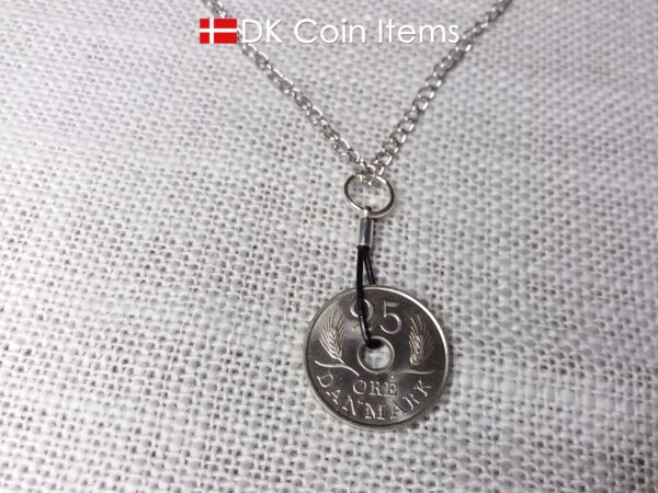 Denmark 1969 coin necklace. 55 year old coin pendant. Initial R 25 ore. Danish Crown souvenir