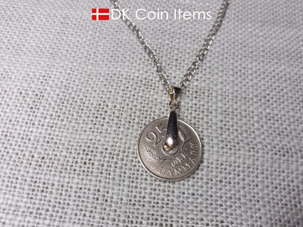 Denmark 1967 coin necklace. 57 year old coin pendant. Danish 25 ore with Crown R initial