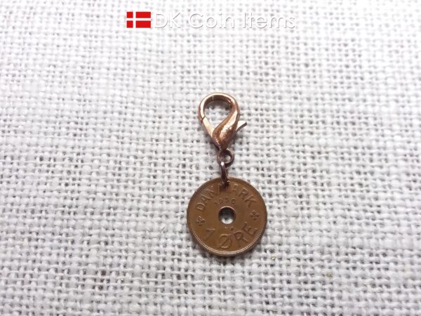 Denmark 1930 coin charm. 94 year old coin pendant. Copper 1 ore with Crown C initial