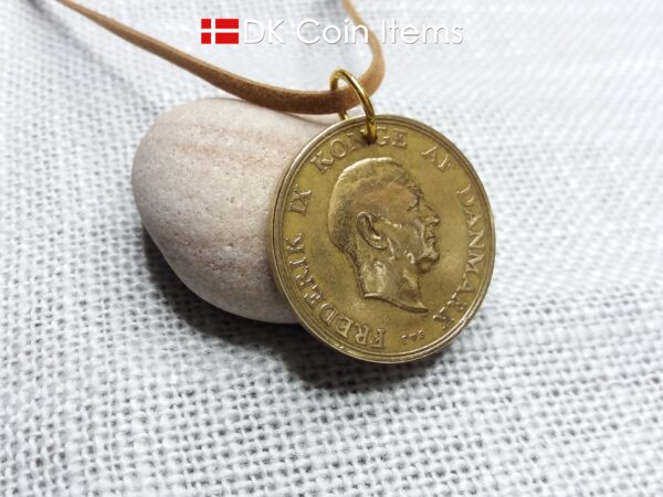 Denmark 1958 coin pendant necklace. 66 year old Golden Crown Coat of Arms 2 kroner coin