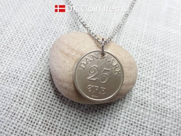 Denmark 1958 coin pendant necklace. 66 year old 25 ore coin with Crown R initial