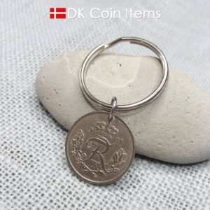 Denmark 1958 coin pendant keychain. 66 year old 25 ore coin with Crown R initial